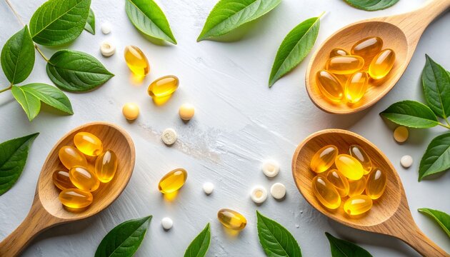Nutritional supplements on wooden spoons with green leaves for wellness