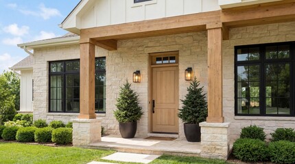 Elegant suburban house facade with modern farmhouse entryway design featuring wood beams and stone