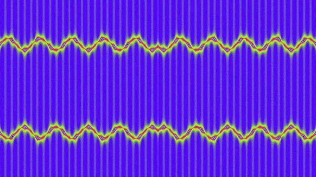 A blue and yellow pattern with vertical lines and horizontal zigzag stripes