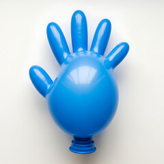 Fototapeta premium A single blue inflatable glove in a playful, raised gesture against a white background