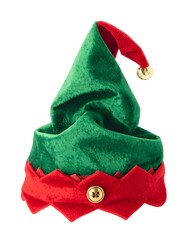 Green velvet elf hat with red trim and golden bell/button, isolated against white