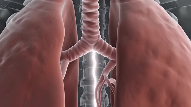 Anatomical video of Human Lungs - This is a computer-generated video of the human lungs, showcasing the trachea and bronchi. The video provides a detailed view of the respiratory system's structure.
