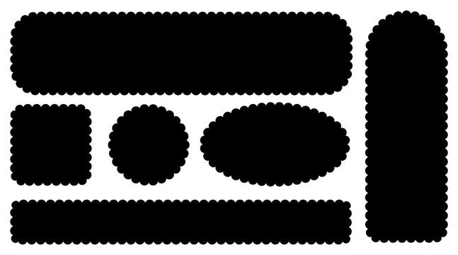 Set of rectangular, round, oval and square scalloped frames. Zig zag wavy edge shapes. Abstract elements for tags and stickers. Vector illustrations isolated on white background for creative design.