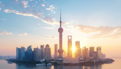 Fototapeta premium Shanghai cityscape at sunset with oriental pearl tower and skyline reflected in water