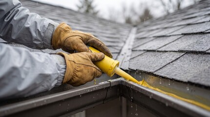 Hands wearing gloves apply sealant to a rain gutter on a wet roof