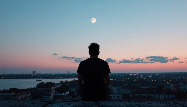 Silhouette of a person looking out at cityscape during twilight with moon in the sky