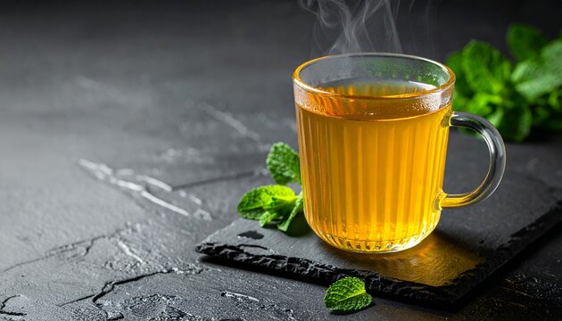 Refreshing cup of herbal tea with mint leaves on a dark stone background