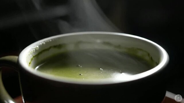 Close up of beverage steaming in dark setting or Close up of green liquid sitting in mug in dark setting