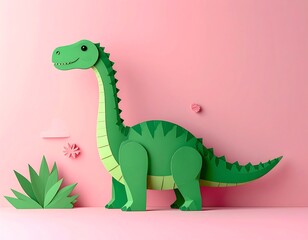 Fototapeta premium Cute, crafted green dinosaur on pastel pink, with paper plants, simple, charming, kid-friendly digital art piece