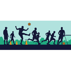 Obraz premium Blue Silhouette of Soccer Players Training on Urban Field Background