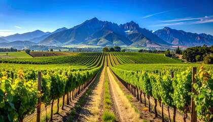 Fototapeta premium Scenic vineyard landscape with rows of grape vines and majestic mountains in the background