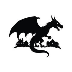 Fototapeta premium dragon attacking village silhouette vector illustration, Silhouette of a fierce dragon with wings spread, sitting on a castle silhouette vector illustration
