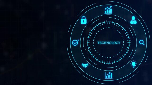 Futuristic digital interface displaying technology concepts with glowing blue and circular HUD on a dark grid background