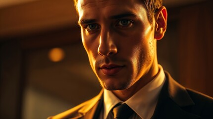 Professional close up of a male business suit, showcasing a confident expression under soft lighting, ideal for corporate and business related themes