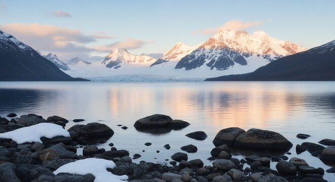 Serene glacial lake reflecting snow-capped mountains at sunrise in remote wilderness