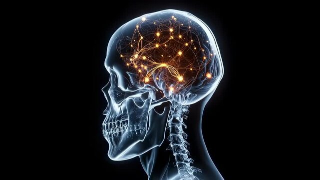 X-ray of a human head and spine with glowing neural network connections