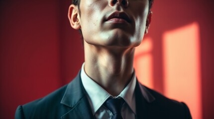 Professional close up of a male business suit, showcasing a confident expression under soft lighting, ideal for corporate and business related themes