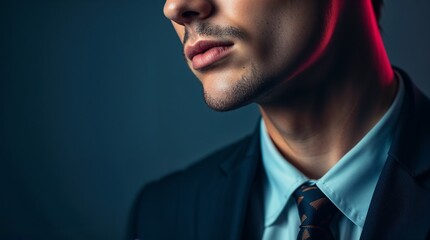Professional close up of a male business suit, showcasing a confident expression under soft lighting, ideal for corporate and business related themes