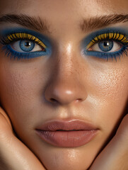 blue and yellow eyeshadow makeup model