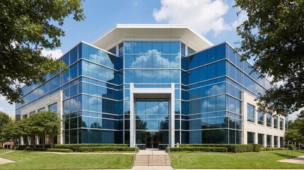 Modern office building exterior with blue glass facade and green surroundings