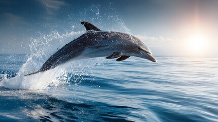 Fototapeta premium Dolphin Leaping from Ocean Waves at Sunset.