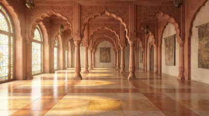 Obraz premium Ornate Indian palace hallway with arched doorways and stainedglass windows illuminated by sunlight