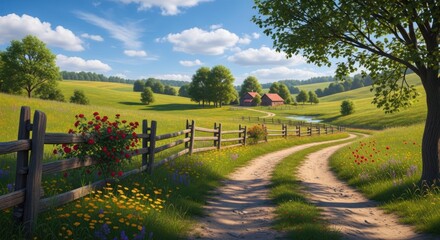 A dirt road leading through a lush green field with a wooden fence and a barn in the distance.