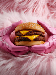 hamburger in a hand with pink gloves