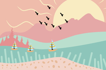 Pastel Sunset Lake Landscape with Sailboats Vector Illustration