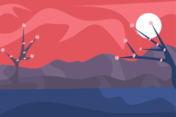 Sakura Moonlight Landscape Vector Illustration