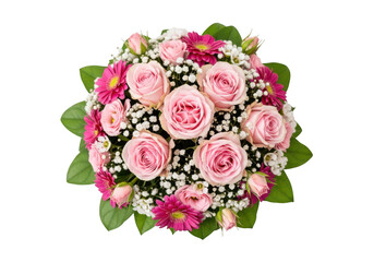 Beautiful bouquet of pink roses and gerbera daisies with baby's breath and green leaves
