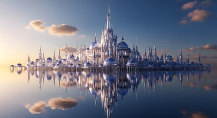 Fototapeta premium A majestic white castle with towers and domes reflected in calm water at sunset