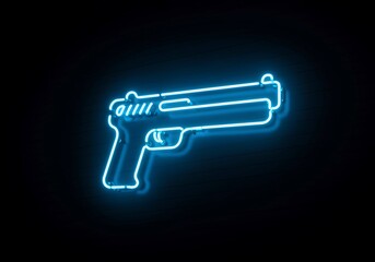 Illuminated blue neon gun outline glowing vibrantly against a dark background creating a modern graphic representation of weaponry
