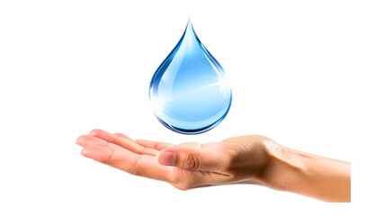 A hand cradling a large blue water droplet against a black background
