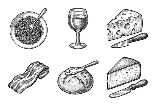 Vintage hand drawn engraving set of food and drink icons including pasta, wine, cheese, bread, and bacon in a classic woodcut style.