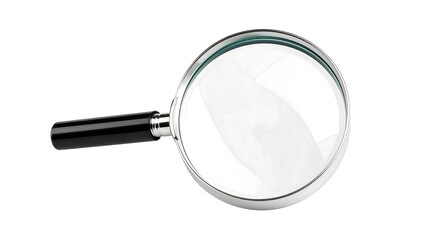 A magnifying glass with a black handle and silver rim is centered on a solid black background
