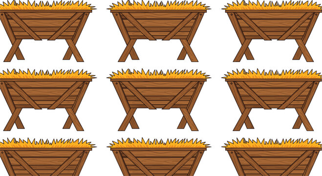 Collection of wooden hay manger vectors with golden straw isolated on white background for farm, stable, nativity, or livestock feeding equipment illustrations.