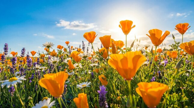 Vibrant orange poppy flowers blooming in a field