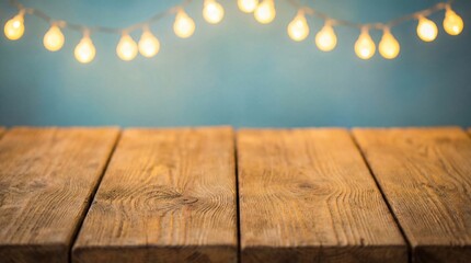 Warm glowing string lights hanging above rustic wooden planks with soft blue background