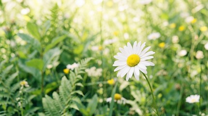 White daisy flower in a green meadow field