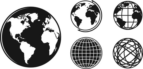 Obraz premium Black and white globe icons with different designs and grid patterns