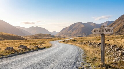 Winding gravel road through mountains with adventure sign