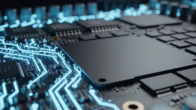 Illuminated Circuit Board Detail - A close-up shot showcases a computer circuit board with glowing blue traces. Various microchips and other components are visible on the dark surface.