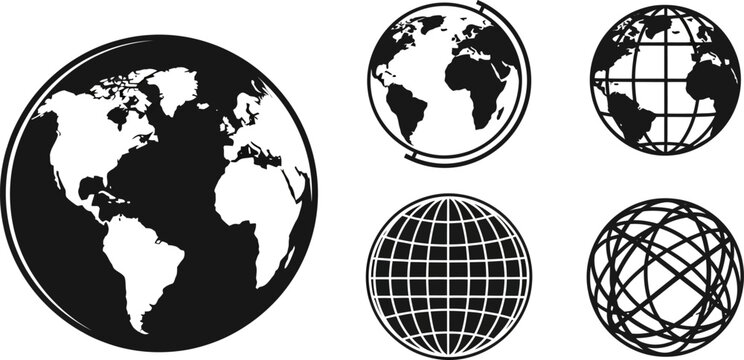 Black and white globe icons with different designs and grid patterns