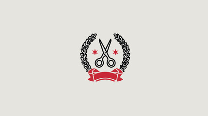 Fototapeta premium Vintage barber shop or tailor logo concept with crossed scissors, laurel wreath, stars, and red banner on a light background