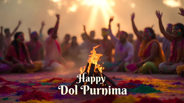 Dol Purnima festival celebration with sacred bonfire and colorful powder, joyful spiritual atmosphere