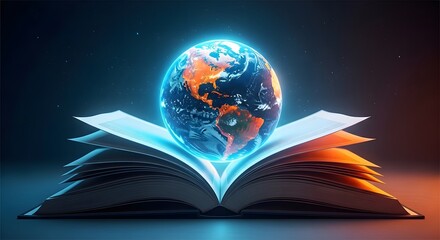 Glowing earth emerging from an open book with blue light