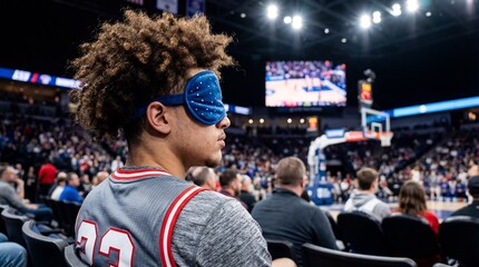 Young man wearing eye mask at basketball game