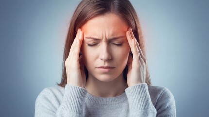 Young woman experiencing a severe migraine headache holding her temples in pain
