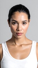 Headshot of a serene, fair-skinned woman with dark hair pulled back, wearing a white tank top, against a neutral background